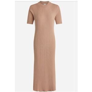 Varley Maeve Short-Sleeve Ribbed Knit Midi Dress Size S Warm Taupe Neutral Fall